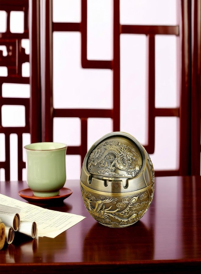 Chiorgone Vintage Chinese Dragon & Phoenix Metal Ashtray with Windproof Lid - Embossed Bronze Finish, Feng Shui Decorative Tabletop Ash Holder for Home Office Patio. - Image 4